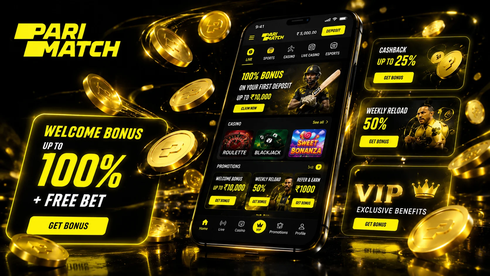 Бонус 100% на первый депозит до 150 000 ₽ в Parimatch Casino